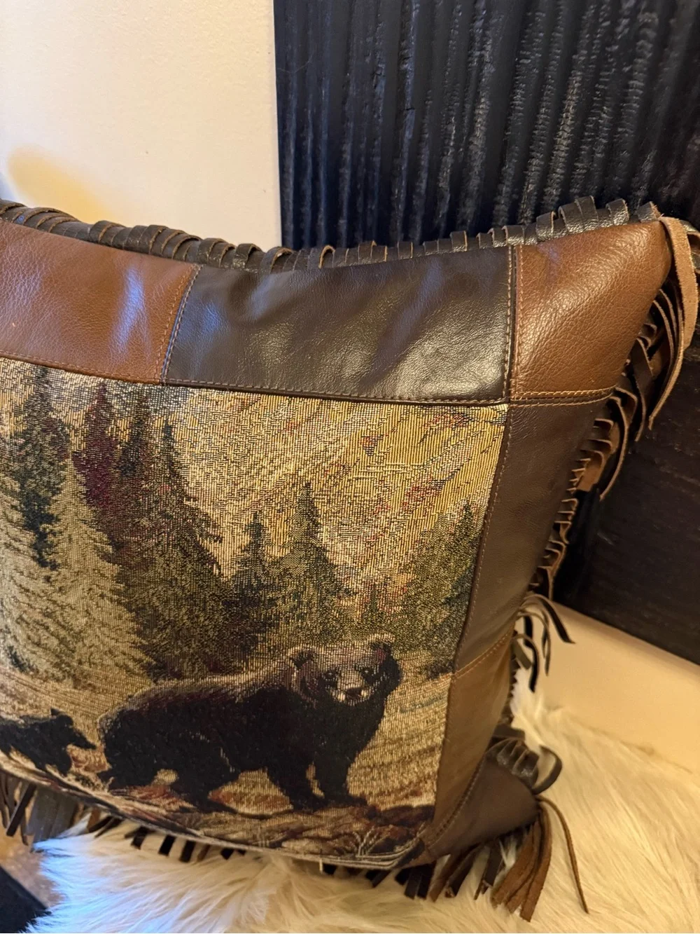 Bear Pillow Leather & Tapestry Throw Pillow Cabin, Mountain, Western Decor 17x17